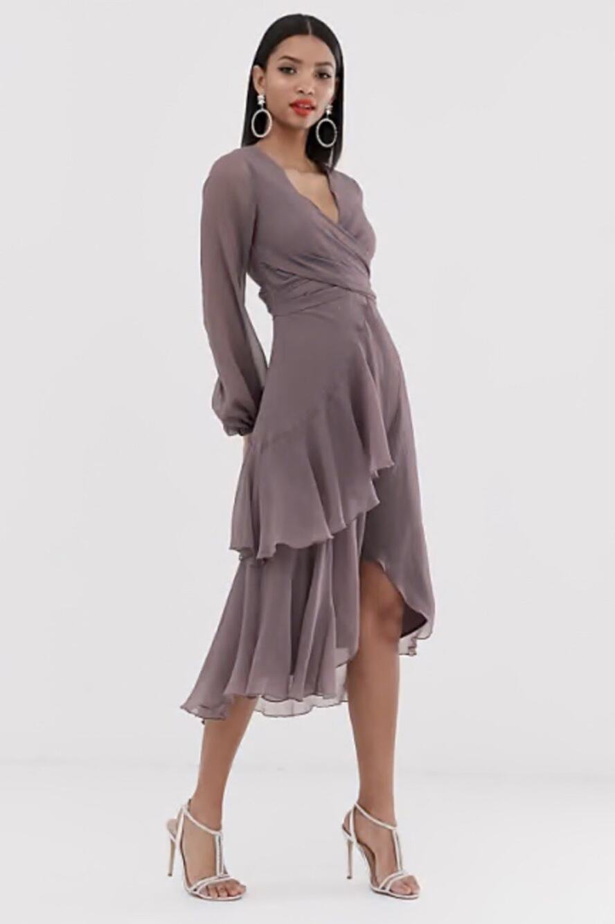 ASOS DESIGN Wrapwaist Midi Dress Sz 6 Double Layer Skirt Long Sleeve Lavender